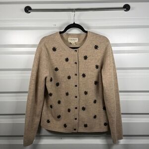 Galyan's Vintage Womens XL Lambswool Cardigan Sweater Tan Floral Embroidered